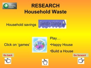 RESEARCH Household Waste Household savings Click on ‘games’ Play… Happy House Build a House Go back Go forward 