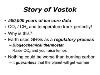 Story of Vostok 500,000 years of ice core data CO 2  / CH 4  and temperature track perfectly! Why is this? Earth uses GHGs as a  regulatory process Biogeochemical thermostat Raise CO 2  and you raise temps Nothing could be worse than burning carbon It  guarantees  that the planet will get warmer 