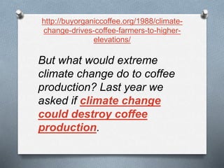http://buyorganiccoffee.org/1988/climate-
change-drives-coffee-farmers-to-higher-
elevations/
But what would extreme
climate change do to coffee
production? Last year we
asked if climate change
could destroy coffee
production.
 