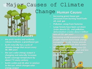 Major Causes of Climate
Change
Natural Causes
• the arctic tundra and wetlands
release methane, a greenhouse gas
• Earth naturally has a cycle of
climate change that occurs every
40, 000 years
• the sun’s solar energy output is
changing and naturally increases
Earth’s average temperature by
about 1ºC every century
• Earth’s orbit and tilt alter in relation
to the sun, which changes solar
energy output
Human Causes
• Increasing green house gas
emissions from burning fossil fuels-
oil, coal, gas
• Pollution, smog from factories
• Large forests have been cut down
(trees absorb CO2 and pollution,
deforestation creates about 6 billion
tons of CO2 per year)
• Increasing world population-more
people requires more food, energy,
transportation, etc. Farms animals
release methane from their wastes.
• More people also means more CO2
production from respiration and less
trees to make room for human
population
 