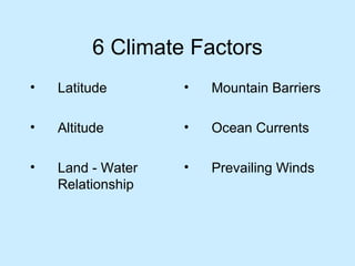 6 Climate Factors Latitude Altitude Land - Water Relationship Mountain Barriers Ocean Currents Prevailing Winds 