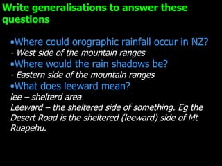 Where could orographic rainfall occur in NZ? - West side of the mountain ranges Where would the rain shadows be? - Eastern side of the mountain ranges What does leeward mean? lee – shelterd area Leeward – the sheltered side of something. Eg the Desert Road is the sheltered (leeward) side of Mt Ruapehu. Write generalisations to answer these questions 