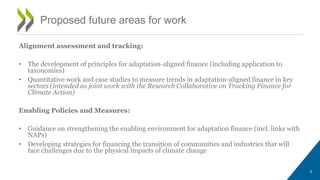 Alignment assessment and tracking:
• The development of principles for adaptation-aligned finance (including application to
taxonomies)
• Quantitative work and case studies to measure trends in adaptation-aligned finance in key
sectors (intended as joint work with the Research Collaborative on Tracking Finance for
Climate Action)
Enabling Policies and Measures:
• Guidance on strengthening the enabling environment for adaptation finance (incl. links with
NAPs)
• Developing strategies for financing the transition of communities and industries that will
face challenges due to the physical impacts of climate change
Proposed future areas for work
6
 