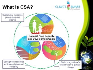 What is CSA?
Sustainably increases
productivity and
income
Strengthens resilience
to climate change and
variability
Reduce agriculture’s
contribution to climate
change
National Food Security
and Development Goals
 