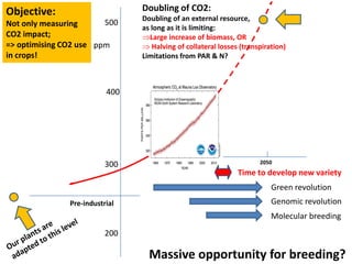 Objective:                      Doubling of CO2:
                                Doubling of an external resource,
Not only measuring      500
                                as long as it is limiting:
CO2 impact;                       Large increase of biomass, OR
=> optimising CO2 use ppm          Halving of collateral losses (transpiration)
in crops!                       Limitations from PAR & N?



                          400




                          300                                         2050
                                                               Time to develop new variety
                                                                          Green revolution
               Pre-industrial                                             Genomic revolution
                                                                          Molecular breeding
                          200

                                  Massive opportunity for breeding?
 
