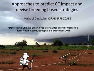 Approaches to predict CC impact and
     devise breeding based strategies
             Michael Dingkuhn, CIRAD-IRRI-CCAFS

“Developing Climate-Smart Crops for a 2030 World” Workshop
       ILRI, Addis Ababa, Ethiopia, 6-8 December 2011
 