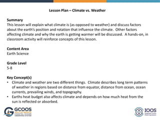 Lesson Plan – Climate vs. Weather
Summary
This lesson will explain what climate is (as opposed to weather) and discuss factors
about the earth’s position and rotation that influence the climate. Other factors
affecting climate and why the earth is getting warmer will be discussed. A hands-on, in
classroom activity will reinforce concepts of this lesson.
Content Area
Earth Science
Grade Level
5-8
Key Concept(s)
• Climate and weather are two different things. Climate describes long term patterns
of weather in regions based on distance from equator, distance from ocean, ocean
currents, prevailing winds, and topography.
• Earths heat budget also affects climate and depends on how much heat from the
sun is reflected or absorbed.
 