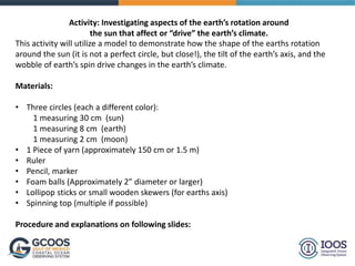 Activity: Investigating aspects of the earth’s rotation around
the sun that affect or “drive” the earth’s climate.
This activity will utilize a model to demonstrate how the shape of the earths rotation
around the sun (it is not a perfect circle, but close!), the tilt of the earth’s axis, and the
wobble of earth’s spin drive changes in the earth’s climate.
Materials:
• Three circles (each a different color):
1 measuring 30 cm (sun)
1 measuring 8 cm (earth)
1 measuring 2 cm (moon)
• 1 Piece of yarn (approximately 150 cm or 1.5 m)
• Ruler
• Pencil, marker
• Foam balls (Approximately 2” diameter or larger)
• Lollipop sticks or small wooden skewers (for earths axis)
• Spinning top (multiple if possible)
Procedure and explanations on following slides:
 