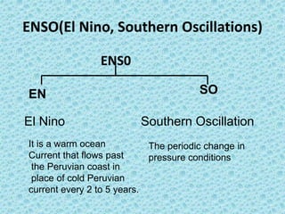 ENSO(El Nino, Southern Oscillations)
ENS0
El Nino
EN SO
Southern Oscillation
It is a warm ocean
Current that flows past
the Peruvian coast in
place of cold Peruvian
current every 2 to 5 years.
The periodic change in
pressure conditions
 