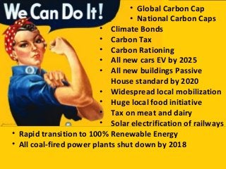• Climate Bonds
• Carbon Tax
• Carbon Rationing
• All new cars EV by 2025
• All new buildings Passive
House standard by 2020
• Widespread local mobilization
• Huge local food initiative
• Tax on meat and dairy
• Solar electrification of railways
• Rapid transition to 100% Renewable Energy
• All coal-fired power plants shut down by 2018
• Global Carbon Cap
• National Carbon Caps
 