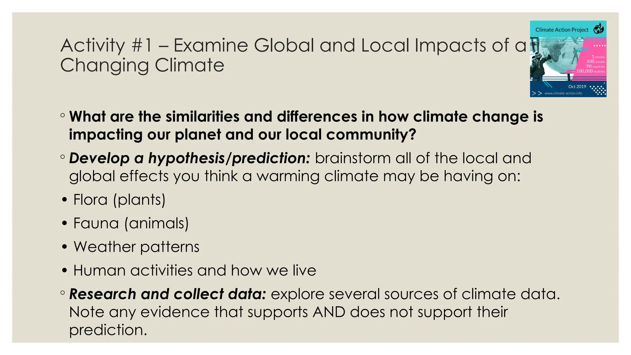 Activity #1 – Examine Global and Local Impacts of a
Changing Climate
◦ What are the similarities and differences in how climate change is
impacting our planet and our local community?
◦ Develop a hypothesis/prediction: brainstorm all of the local and
global effects you think a warming climate may be having on:
• Flora (plants)
• Fauna (animals)
• Weather patterns
• Human activities and how we live
◦ Research and collect data: explore several sources of climate data.
Note any evidence that supports AND does not support their
prediction.
 