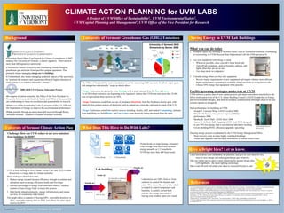 CLIMATE ACTION PLANNING for UVM LABS
                                                                                                                                      A Project of UVM Office of Sustainability1, UVM Environmental Safety2,
                                                                                                                                 UVM Capital Planning and Management3, UVM Office of the Vice President for Research



 Background                                                                                                                           University of Vermont Greenhouse Gas (GHG) Emissions                                                                                                                     Saving Energy in UVM Lab Buildings
                                                                                                                                                                                                                                                                                                       3
                                                                                                                                                                                                                        University of Vermont GHG
•Posner, S. , Stuart, R. , Thompson, G. , Smith, M.
            a                                       b                                 a                         c


                                                                                                                                                                                                                        Emissions by Sector, 2009
                                                                                                                                                                                                                              Solid Waste
                                                                                                                                                                                                                                                                                                           What you can do today
                                                                                                                                                                                                                                  <1%
                                                                                                                                                                                                                                                    Line Losses -
                                                                                                                                                                                                                                                     Composting
                                                                                                                                                                                                                                                                                          -- Scope 1
                                                                                                                                                                                                                                                                                                           1. Promptly report any building or facilities issues, such as ventilation problems, overheating,
                                                                                                                                                                                                                                 Faculty/Staff
                                                                                                                                                                                                                                 Commuters
                                                                                                                                                                                                                                                         4%                               -- Scope 2          or overcooling, to UVM Physical Plant Department. Call 656-2560 and press #1.
                                                                                                                                                                                                                                     7%

  • President Daniel Mark Fogel signed the Climate Commitment in 2007,
                                                                                                                                                                                                                                                                                          --Scope 3
                                                                                                                                                                                                                     Student Commuters


  making The University of Vermont a charter signatory. There are now
                                                                                                                                                                                                                             2%
                                                                                                                                                                                                                                                                                                           2. Use your equipment with energy in mind
  more than 660 signatories nationwide                                                                                                                                                                                                                                                                        • Whenever possible, close your lab’s fume hood sash
                                                                                                                                                                                                                                                                        Heating
                                                                                                                                                                                                                                                                         45%                                  • Turn off lab equipment, such as biosafety cabinets, and
  • Institutions commit to tracking and eliminating climate-changing                                                                                                                                                                  Purchased
                                                                                                                                                                                                                                                                                                                lights when they are not in use
                                                                                                                                                                                                                                      Electricity
  greenhouse gas emissions from specified campus operations. This                                                                                                                                                                       38%
                                                                                                                                                                                                                                                                                  Fleet                       • Use sleep mode on computers
                                                                                                                                                                                                                                                                                   2%
  primarily means managing energy use by buildings.
                                                                                                                                                                                                                          Biogenic Emissions

  • Commitment also means managing academic aspects of the university,
                                                                                                                                                                                                                                 <1%                      Agriculture
                                                                                                                                                                                                                                                              2%                                           3. Consider energy when you buy new equipment
  to “promote the research and educational efforts of higher education to                                                                                                                                                                                                                                     • Review energy requirements of new equipment and inquire whether more efficient,
  equip society to re-stabilize the earth’s climate”                                                                                 The Office of Sustainability used a standard protocol for measuring GHG accounts for all six major gases,                                                                  higher performance equipment is available. Email questions to energy@uvm.edu
                                                                                                                                     and categorizes emissions by “scope as shown above:                                                                                                                      • Choose EPA Energy Star equipment when possible

                                           2009-2010 UVM Energy Education Project
                                                                                                                                     • Scope 1 emissions are primarily from Heating, with a small amount from the fleet and cows.                                                                          Facility greening strategies underway at UVM
                                                                                                                                     As of 2010 these emissions are beginning to be regulated: entities like UVM that emit more than 25,000                                                                UVM enforces a policy that all new capital projects and major renovations must achieve the
  •In support of carbon neutrality, the Office of the Vice President for                                                             tons of equivalents must report to the EPA.                                                                                                                           Silver certification level of the U.S. Green Building Council’s LEED (Leadership in Energy
  Research, Environmental Health & Safety, and Office of Sustainability                                                                                                                                                                                                                                                                  7
                                                                                                                                                                                                                                                                                                           and Environmental Design) , and must be formally commissioned (thorough check to be sure
  are collaborating to focus on excellence and sustainability in research.                                                           • Scope 2 emissions result from our use of purchased Electricity from the Northeast electric grid, with                                                               systems operate as designed).
  •Makes use of the longstanding Labs-21 program of the U.S. EPA and                                                                 relatively low-carbon sources of electricity such as natural gas versus the coal used in much of the U.S.
  the Department of Energy to improve the environmental performance.1                                                                                                                                                                                                                                      High performance lab buildings at UVM:
                                                                                                                                     • Scope 3 emissions come from indirect sources including faculty, staff, and student Commuting; methane                                                                  • Joseph E. Carrigan Wing: LEED Certified 2006
  •Made possible through an anonymous gift received through Rocky
                                                                                                                                     from landfilling our Solid Waste; and Line Losses from electricity being purchased from far away.                                                                        • Marsh Life Science renovations improved HVAC
  Mountain Institute . Supports a Graduate Research Assistant.
                                                                                                                                                                                                                                                                                                                performance 2006
                                                                                                                                                                                                                                                                                                              • Bertha M. Terrill Hall: LEED Silver 2008
                                                                                                                                                                                                                                                                                                              • James M. Jeffords Hall: Targeting LEED Gold 2010, designed
                                                                                                                                                                                                                                                                                                                to use 29% less energy than a conventional laboratory building
                                                                                                                                                                                                                                                                                                                                                                                                                                   Heat Enthalpy Wheel for
 University of Vermont Climate Action Plan                                                                                            What Does This Have to Do With Labs?                                                                                                                                    • Given Building HVAC efficiency upgrades: upcoming                                                                  heat recovery


   Challenge: How can UVM reduce to net zero emissions                                                                                                                                                                                                                                                     Ongoing energy projects coordinated by the UVM Energy Management Office:
   from buildings by 2020?                                                                                                                                                                                                                                                                                   • Heat recovery units in many highly ventilated buildings
                                                                                                                                                                                                          5
                                       100000                                                                                                                                                                                                                                                                • Steam pipe upgrades and increased distribution of central chilled water
                                        90000                 Past Emissions                     Projected Emissions

                                        80000                                                                                                                                                                 •Fume hoods are major energy consumers
                UVM Emissions (CO2e)




                                        70000
                                                        Other
                                                                                                                                                                                                              •One average fume hood uses as much
                                        60000

                                        50000
                                                    Commuting
                                                                                                                                                                                                              energy annually as 3.5 households                                                            Have a Bright Idea? Let us know.
                                                                                                                                                                                                              •UVM has more than 400 fume hoods
                                        40000       Electricity

                                        30000
                                                                                                                                                                                                                                                                                                           Let us know about your sustainable lab practices, and give us your ideas for new
                                        20000                      Agriculture
                                                                                                                                                      1 Fume Hood       =       3.5 Households                                                                                                                   ways to save energy and reduce greenhouse gas emissions.
                                        10000       Heating                                                                                                                                                                                                                                                Take our online survey-quiz to enter a drawing for another bright idea:
                                            0                                                                                                                                                                                                                                                                    LED lightbulbs , the latest lighting technology
                                             1990       1995       2000        2005   2010          2015     2020       2025
                                                                                                                                                                                                                                                                                                           Take a tear-off card and email your ideas to sustainability@uvm.edu
                                                                                                                                                                                                      Outside air
   UVM is now drafting its first Climate Action Plan, and 2020 is under                                                                                Lab building         6
                                                                                                                                                                                        Exhaust fan

     discussion as a target date for climate neutrality.
                                                                                                                                                         Inside air
   Major strategies identified to date:
                                                                                                                                                                       Air inside lab is exhausted
   1. Reduce energy use and increase efficiency through investment and                                                                                                 through fume hood
                                                                                                                                                                                                               Laboratories use 100% fresh air from
      education, such as energy efficiency bonds and Eco-Reps.                                                                          Outside air                                                            outdoors to control fire hazards and                                                            References
   2. Increase percentage of energy from renewable sources. Students                                                                                                                                           odors. This means that air in labs, which
                                                                                                                                                                                                                                                                                                           1 U.S. Environmental Protection Agency and U.S. Department of Energy. 2010. Labs for the 21st century. Accessed January 11, 2010 at: www.labs21century.gov
      created a Clean Energy Fund to begin this process.                                                                                                                                                       is treated to control temperature and                                                       2 Thompson, G. and Mika, A. Forthcoming. University of Vermont Climate Action Plan. Available online at www.uvm.edu/sustainability

                                                                                                                                                                                                               humidity, is quickly carried back                                                           3 World Resources Institute (WRI) and World Business Council for Sustainable Development (WBCSD). 2004. The Greenhouse Gas Protocol: A corporate

   3. Help build related community energy infrastructure and energy                                                                      Intake fan                                                                                                                                                        accounting and reporting standard, revised edition. Washington, DC: WRI/WBCSD.
                                                                                                                                                                                                               outside: the energy equivalent of                                                           4 Fransen, T., Bhatia, P., Hsu, A. 2007. Measuring to Manage: A guide to designing GHG accounting and reporting programs. Washington, DC: WRI/WBCSD.
      services, for community-wide benefit                                                                                                              Heat or cool                                                                                                                                       5 Borchardt, J. K. 2009. Achieving Laboratory Energy Efficiency. Los Angeles: UCLA Institute of the Environment. Accessed December 9, 2009 at:
                                                                                                                                                                                                               leaving your window open year round.                                                        www.ioe.ucla.edu/news/article.asp?parentid=3910
   This graph shows a scenario of buying 100% renewable electricity in                                                                                                                                                                                                                                     6 Image based on “Sustainability at MIT: Fume Hoods.” Accessed December 7, 2009 at: http://sustainability.mit.edu/node/34
                                                                                                                                                                                                                                                                                                           7 U.S. Green Building Council. 2010. Leadership in Energy and Environmental Design (LEED) Green Building Rating System. Accessed January 11, 2010 at:
      2015, renewable heating fuels in 2020, and offsets for other major
   Posner, S. , Stuart, R. , Thompson, G. , Smith, M.
                                 a                        b                                  a                      c
                                                                                                                                                                                                                                                                                                           www.usgbc.org/LEED
      sources by 2025.

Presented by: Posner, S.1, Stuart, R.2, Thompson, G. 1, Smith, M. 3
 