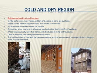 COLD AND DRY REGION
 Building methodology in cold regions
 In hilly parts where rocky rubble, ashlars and pieces of stone are available.
 These can be patched together with a mud mortar to form walls.
 Finer stonework veneer covers the outside.
 Sometimes wood beams and rafters are used with slate tiles for roofing if available.
 These houses usually have two stories, with the livestock living on the ground.
 Often a verandah runs along the side of the house.
 The roof is pitched to deal with the monsoon season and the house may sit on raised plinths or bamboo
poles to cope with floors.
 