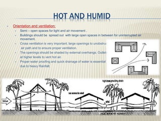 HOT AND HUMID
 Orientation and ventilation:
 Semi – open spaces for light and air movement .
 Buildings should be spread out with large open spaces in between for uninterrupted air
movement.
 Cross ventilation is very important. large openings to unobstruct
air path and to ensure proper ventilation.
 The openings should be shaded by external overhangs. Outlets
at higher levels to vent hot air.
 Proper water proofing and quick drainage of water is essential
due to heavy Rainfall.
 