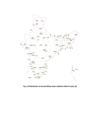 780
731.9
760
740
773.2
760
763.4
766.9
758.5
775.6
780.2780
800
820
840
860
880
900
820
840
860
880
900
920
809.9
924.9
797.4
856.5
776.6
780
780
800
800
820
820840
840
840
840
820
820
800
859.4
Fig. 2.9 Distribution of annual diffuse solar radiation (kWh/m2
-year) [2]
 