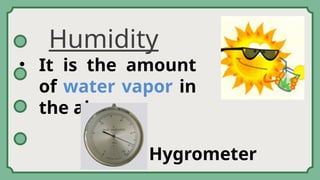 Humidity
• It is the amount
of water vapor in
the air
Hygrometer
 