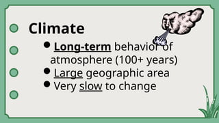 Climate
Long-term behavior of
atmosphere (100+ years)
Large geographic area
Very slow to change
 