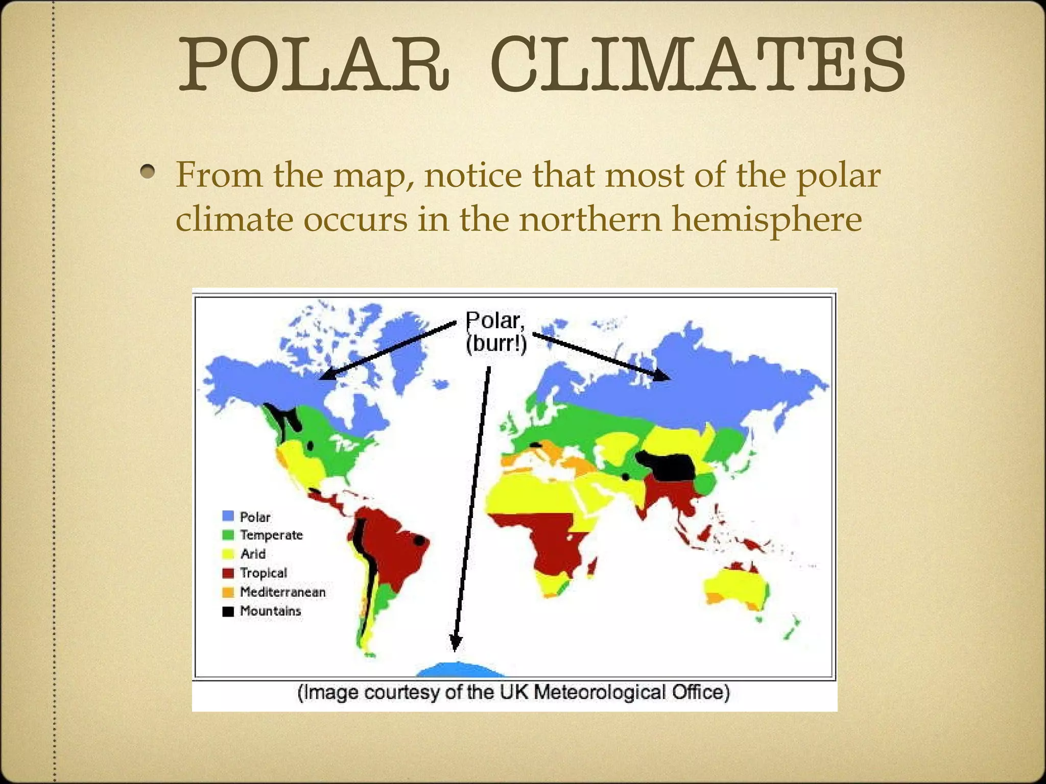 POLAR  CLIMATES From the map, notice that most of the polar climate occurs in the northern hemisphere 