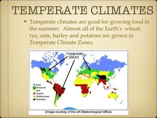 TEMPERATE CLIMATES Temperate climates are good for growing food in the summer.  Almost all of the Earth’s  wheat, rye, oats, barley and potatoes are grown in Temperate Climate Zones.  