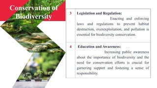 3 Legislation and Regulation:
Enacting and enforcing
laws and regulations to prevent habitat
destruction, overexploitation, and pollution is
essential for biodiversity conservation.
4 Education and Awareness:
Increasing public awareness
about the importance of biodiversity and the
need for conservation efforts is crucial for
garnering support and fostering a sense of
responsibility.
Conservation of
Biodiversity
 