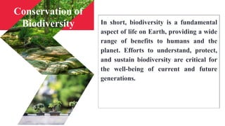 In short, biodiversity is a fundamental
aspect of life on Earth, providing a wide
range of benefits to humans and the
planet. Efforts to understand, protect,
and sustain biodiversity are critical for
the well-being of current and future
generations.
Conservation of
Biodiversity
 