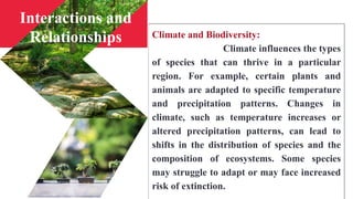Climate and Biodiversity:
Climate influences the types
of species that can thrive in a particular
region. For example, certain plants and
animals are adapted to specific temperature
and precipitation patterns. Changes in
climate, such as temperature increases or
altered precipitation patterns, can lead to
shifts in the distribution of species and the
composition of ecosystems. Some species
may struggle to adapt or may face increased
risk of extinction.
Interactions and
Relationships
 