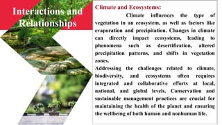 Climate and Ecosystems:
Climate influences the type of
vegetation in an ecosystem, as well as factors like
evaporation and precipitation. Changes in climate
can directly impact ecosystems, leading to
phenomena such as desertification, altered
precipitation patterns, and shifts in vegetation
zones.
Addressing the challenges related to climate,
biodiversity, and ecosystems often requires
integrated and collaborative efforts at local,
national, and global levels. Conservation and
sustainable management practices are crucial for
maintaining the health of the planet and ensuring
the wellbeing of both human and nonhuman life.
Interactions and
Relationships
 
