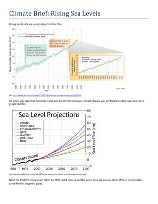 Climate Brief: Rising Sea Levels 
Rising sea levels are usually depicted like this: 
Ref: http://www.abc.net.au/news/2014-03-03/sea-level-change-graph-csiro/5296138 
So when you take that historical trend and amplify for runaway climate change you get to draw really scary lines on a graph like this: 
http://wattsupwiththat.com/2009/04/06/sea-level-graphs-from-uc-and-some-perspectives/ 
Note the CSIRO’s money is on 50cm by 2100 not 4 metres and the worst case scenario is 58cm. Where the 4 metres came from is anyone’s guess.  