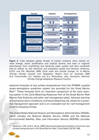 11
Threats
Ocean warming
Ocean acidification
Cyclones and other
physical stressors
Overfishing or loss
of herbivores
Terrestrial run-off
and nutrient input
Coral bleaching
Loss of structure
and habitat
Reduced reef
calcification
Loss of algal
control
Reduced water
quality
Loss of
ecosystem goods
and services:
vulnerability
Impacts Consequences
Global
Local
Reduced species
richness
Loss of sensitive
reef buiders
Lowered coral
reef resilience
Dominance of
macroalgae
Figure 2. Links between global threats of carbon emission (here mainly cli-
mate change, ocean acidification and tropical storms) and local or regional
disturbances from overfishing and declining water quality and their combined
flow-on effects on reef resilience and ecosystem goods and services. (Anthony,
K.R.N. and P.A. Marshall, 2009: Coral reefs and climate change. In: A Marine
Climate Change Impacts and Adaptation Report Card for Australia 2009
(E.S. Poloczanska, A.J. Hobday and A.J. Richardson, eds). Southport, National
Climate Change Adaptation Research Facility).
seasonal forecasts of sea surface temperatures from the POAMA coupled
ocean–atmosphere prediction system are provided for the Great Barrier
Reef.11
These forecasts form an important component of the early warn-
ing system in the Coral Bleaching Response Plan of the Great Barrier Reef
Marine Park Authority and other reef management plans. Advance warning
of anomalous warm conditions, and hence bleaching risk, allows for a proac-
tive management approach and is an invaluable tool for reef management
under a changing climate.
The United States National Oceanic and Atmospheric Administration (NOAA),
which includes the National Weather Service (NWS) and the National
Environmental Satellite, Data, and Information Service (NESDIS), provides
11
	 Spillman, C.M. and O. Alves, 2009: Dynamical seasonal prediction of summer sea
surface temperatures in the Great Barrier Reef. Coral Reefs, 28:197–206.
 