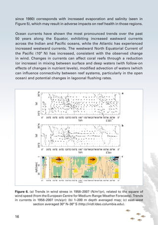 16
since 1980) corresponds with increased evaporation and salinity (seen in
Figure 5), which may result in adverse impacts on reef health in those regions.
Ocean currents have shown the most pronounced trends over the past
50 years along the Equator, exhibiting increased eastward currents
across the Indian and Pacific oceans, while the Atlantic has experienced
increased westward currents. The westward North Equatorial Current of
the Pacific (10º N) has increased, consistent with the observed change
in wind. Changes in currents can affect coral reefs through a reduction
(or increase) in mixing between surface and deep waters (with follow-on
effects of changes in nutrient levels), modified advection of waters (which
can influence connectivity between reef systems, particularly in the open
ocean) and potential changes in lagoonal flushing rates.
Figure 6. (a) Trends in wind stress in 1958–2007 (N/m2
/yr), related to the square of
wind speed (from the European Centre for Medium-Range Weather Forecasts). Trends
in currents in 1958–2007 (m/s/yr): (b) 1–200 m depth averaged map; (c) east–west
section averaged 30º N–30º S (http://iridl.ldeo.columbia.edu).
 