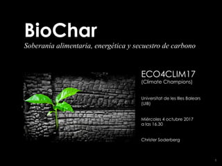 1
BioChar
Soberanía alimentaria, energética y secuestro de carbono
ECO4CLIM17
(Climate Champions)
Universitat de les Illes Balears
(UIB)
Miércoles 4 octubre 2017
a las 16.30
Christer Soderberg
 