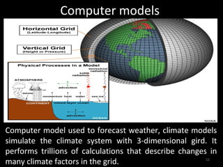 Computer models




Computer model used to forecast weather, climate models
simulate the climate system with 3-dimensional gird. It
performs trillions of calculations that describe changes in
many climate factors in the grid.                       11
 