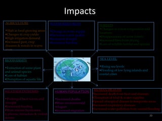 Impacts
AGRICULTURE                     WATER RESOURCES                 FORESTS
                                                                •Changes in forest composition and
•Shift in food growing areas    •Change in water supply
•Changes in crop yields                                         locations
                                •Decreases water quality        •Disappearance of some forests
•High irrigation demand         •Increased drought              •Increased fires from drying
•Increased pest, crop           •Increased flooding             •Loss of wildlife habitat and species
diseases & weeds in warm
areas


BIODIVERSITY                                                    SEA LEVEL

•Extinction of some plant                                       •Rising sea levels
                                                                •Flooding of low lying islands and
and animal species
•Loss of habitat                                                coastal cities
•Disruption of aquatic life


WEATHER EXTREMES                   HUMAN POPULATION
                                                           vHUMAN HEALTH
                                                           •Increased death from heat and diseases
•Prolonged heat waves and          •Increased deaths       •Disruption of food & water supplies
drought                                                    •Spread of tropical disease to temperate areas
                                   •More environmental
•Increased flooding                                        •Increased respiratory diseases
                                   refugees
•More intense hurricanes,                                  •Increased water pollution from coastal flooding
                                   •Increased migration
typhoons, tornadoes & violent                                                                        20
storms
 