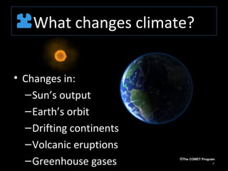 What changes climate?


• Changes in:
  – Sun’s output
  – Earth’s orbit
  – Drifting continents
  – Volcanic eruptions
  – Greenhouse gases        4
 
