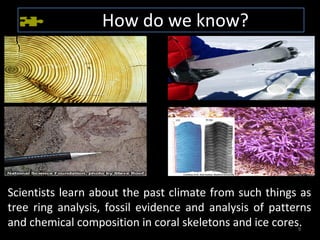 How do we know?




Scientists learn about the past climate from such things as
tree ring analysis, fossil evidence and analysis of patterns
and chemical composition in coral skeletons and ice cores.9
 