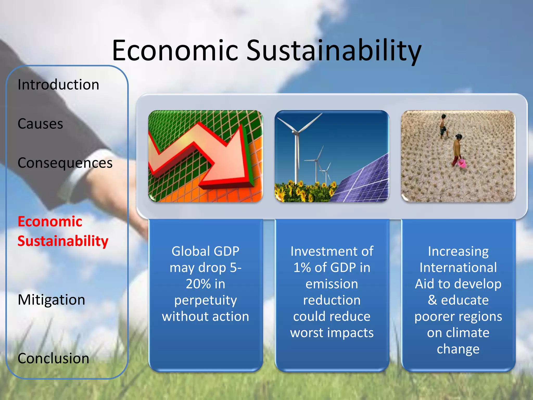 Economic Sustainability
Introduction

Causes

Consequences


Economic
Sustainability
                     Global GDP      Investment of      Increasing
                     may drop 5-      1% of GDP in    International
                        20% in          emission     Aid to develop
Mitigation            perpetuity       reduction        & educate
                    without action    could reduce   poorer regions
                                     worst impacts     on climate
                                                          change
Conclusion
 