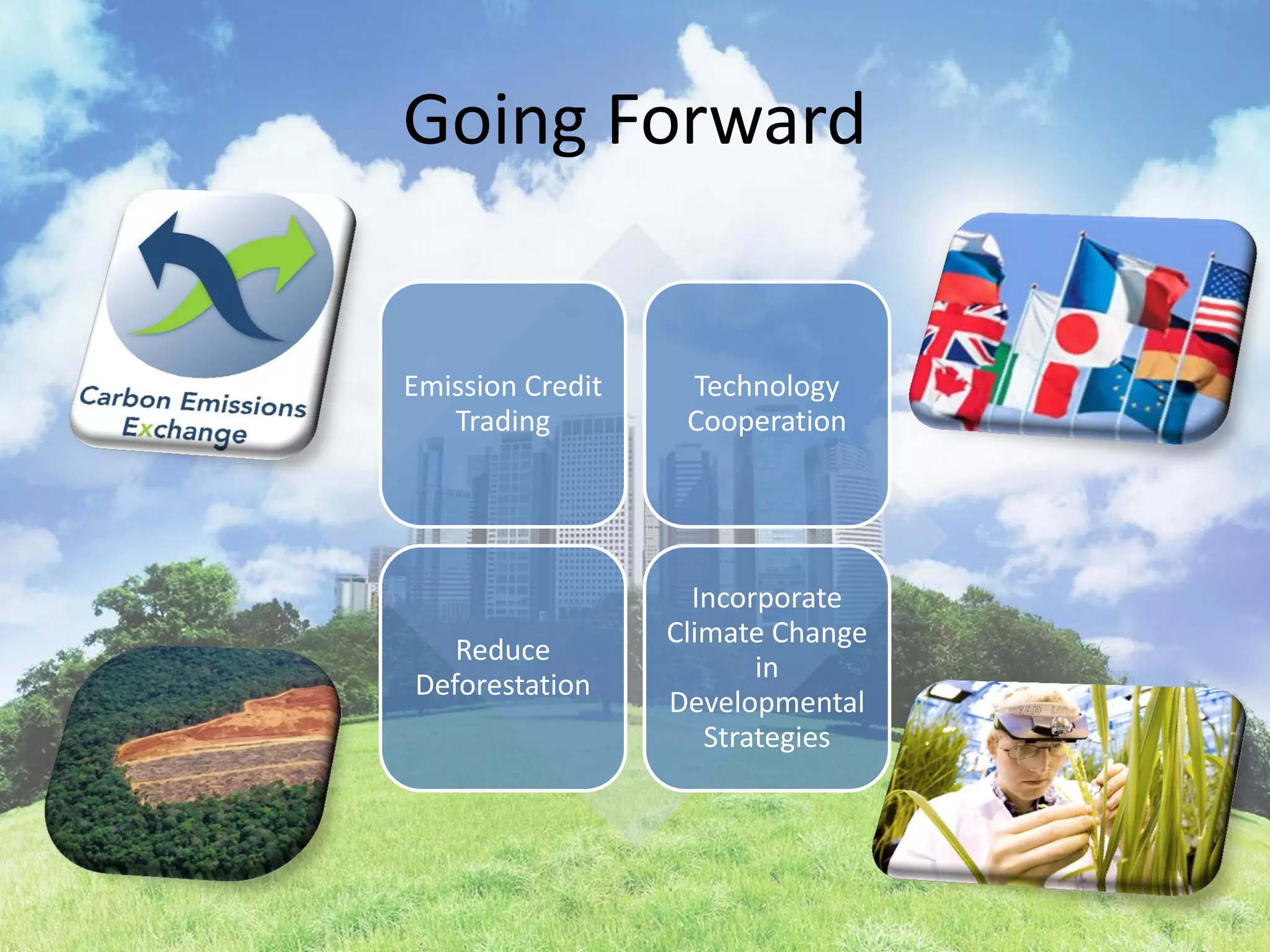 Going Forward


Emission Credit    Technology
   Trading         Cooperation




                    Incorporate
                  Climate Change
   Reduce
                         in
Deforestation
                  Developmental
                     Strategies
 