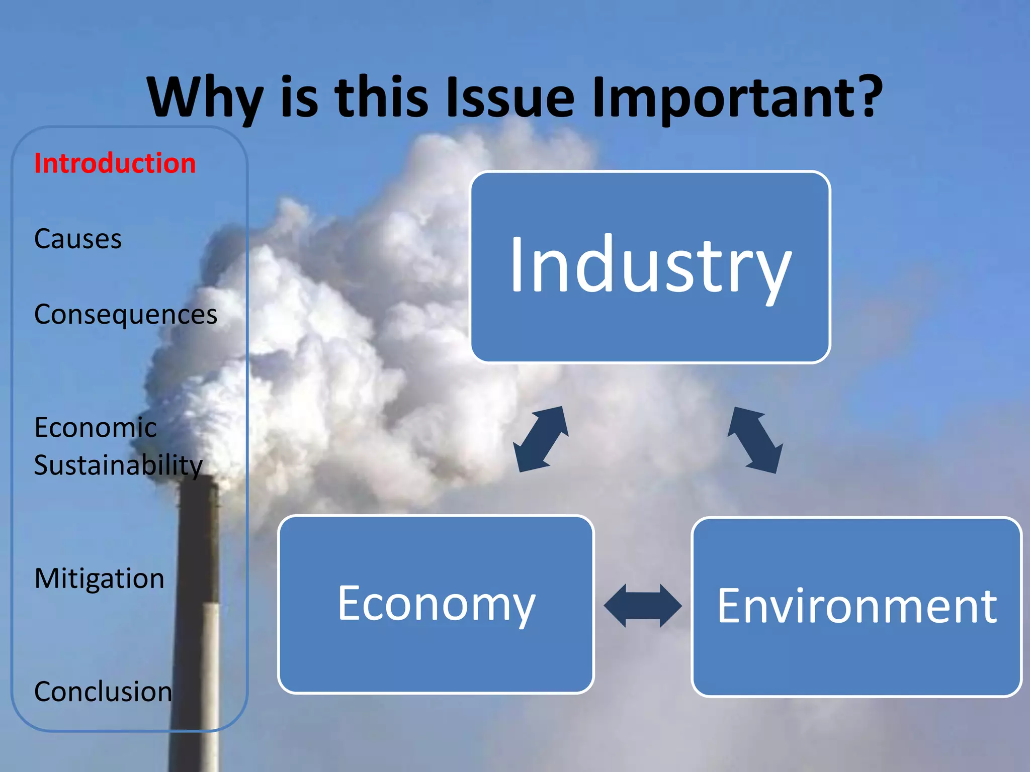 Why is this Issue Important?
Introduction

Causes

Consequences
                      Industry
Economic
Sustainability


Mitigation
                 Economy      Environment
Conclusion
 