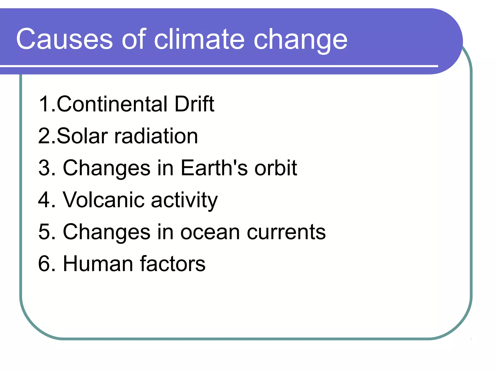 Causes of climate change
1.Continental Drift
2.Solar radiation
3. Changes in Earth's orbit
4. Volcanic activity
5. Changes in ocean currents
6. Human factors