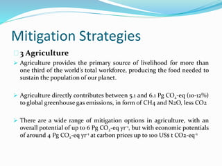 Mitigation Strategies 
3 Agriculture 
 Agriculture provides the primary source of livelihood for more than 
one third of the world’s total workforce, producing the food needed to 
sustain the population of our planet. 
 Agriculture directly contributes between 5.1 and 6.1 Pg CO2-eq (10-12%) 
to global greenhouse gas emissions, in form of CH4 and N2O, less CO2 
 There are a wide range of mitigation options in agriculture, with an 
overall potential of up to 6 Pg CO2-eq yr-1, but with economic potentials 
of around 4 Pg CO2-eq yr-1 at carbon prices up to 100 US$ t CO2-eq-1 
 