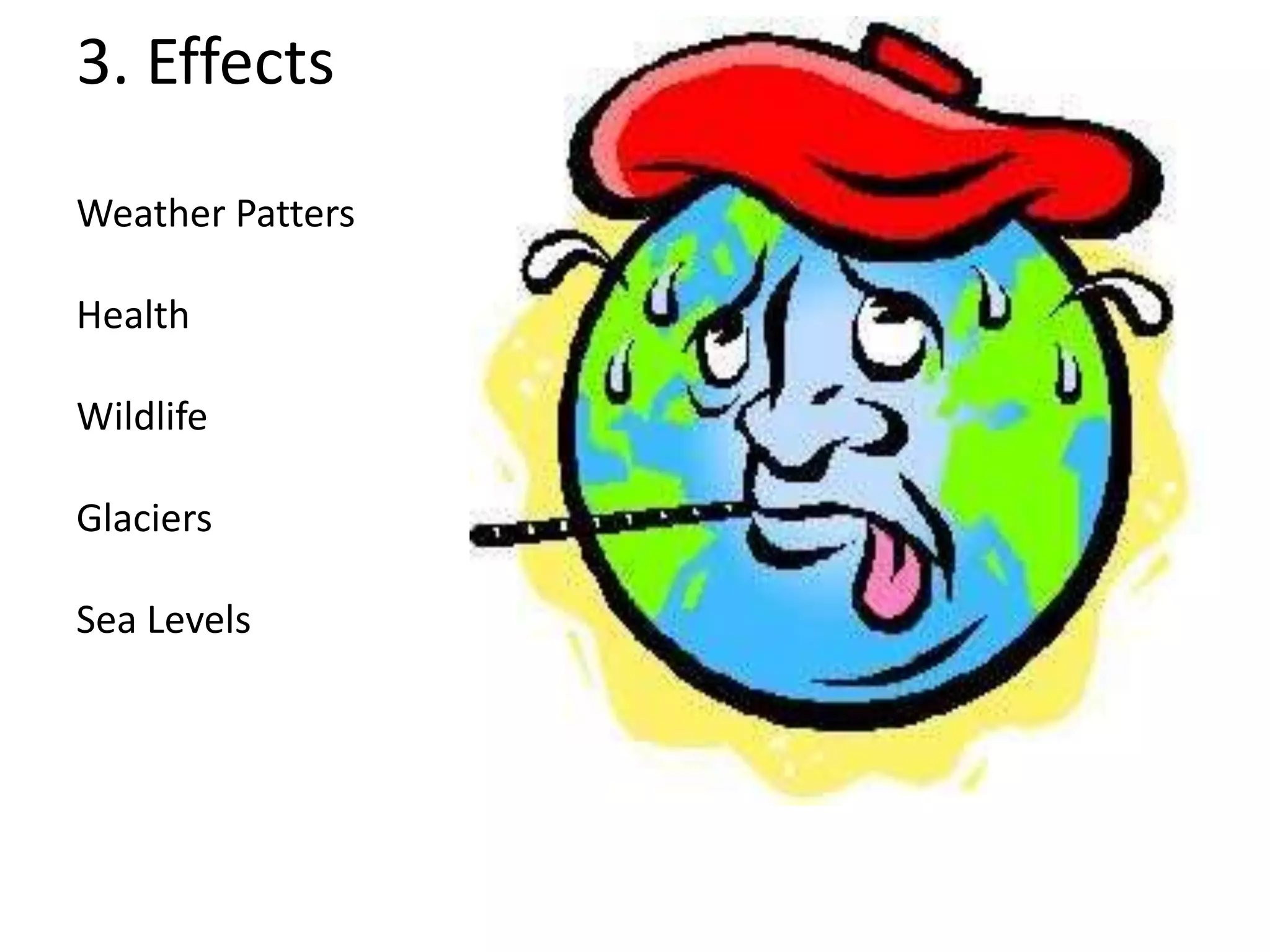 3. Effects
Weather Patters
Health
Wildlife
Glaciers
Sea Levels
 