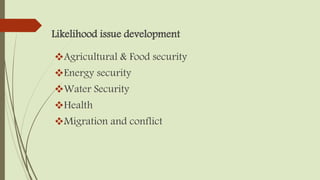Likelihood issue development
Agricultural & Food security
Energy security
Water Security
Health
Migration and conflict
 
