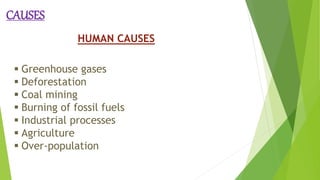 CAUSES
HUMAN CAUSES
 Greenhouse gases
 Deforestation
 Coal mining
 Burning of fossil fuels
 Industrial processes
 Agriculture
 Over-population
 