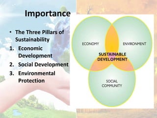 Importance
• The Three Pillars of
Sustainability
1. Economic
Development
2. Social Development
3. Environmental
Protection
 