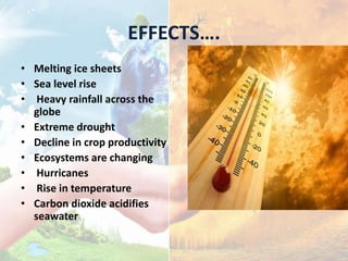 EFFECTS….
• Melting ice sheets
• Sea level rise
• Heavy rainfall across the
globe
• Extreme drought
• Decline in crop productivity
• Ecosystems are changing
• Hurricanes
• Rise in temperature
• Carbon dioxide acidifies
seawater
 