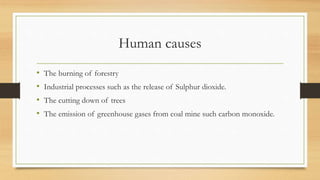 Human causes
• The burning of forestry
• Industrial processes such as the release of Sulphur dioxide.
• The cutting down of trees
• The emission of greenhouse gases from coal mine such carbon monoxide.