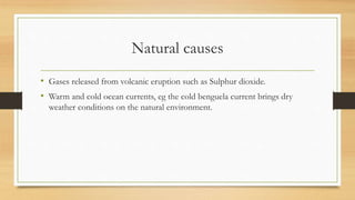Natural causes
• Gases released from volcanic eruption such as Sulphur dioxide.
• Warm and cold ocean currents, eg the cold benguela current brings dry
weather conditions on the natural environment.