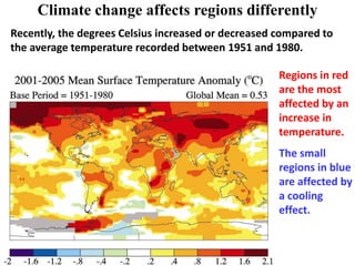 Climate change affects regions differently
Recently, the degrees Celsius increased or decreased compared to
the average temperature recorded between 1951 and 1980.
Regions in red
are the most
affected by an
increase in
temperature.
The small
regions in blue
are affected by
a cooling
effect.
 