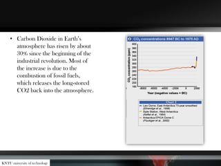 • Carbon Dioxide in Earth’s
atmosphere has risen by about
30% since the beginning of the
industrial revolution. Most of
the increase is due to the
combustion of fossil fuels,
which releases the long-stored
CO2 back into the atmosphere.
KNTU university of technology
 