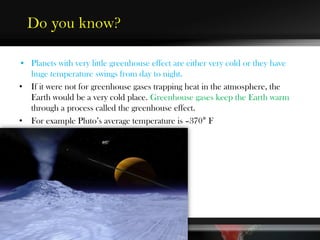 • Planets with very little greenhouse effect are either very cold or they have
huge temperature swings from day to night.
• If it were not for greenhouse gases trapping heat in the atmosphere, the
Earth would be a very cold place. Greenhouse gases keep the Earth warm
through a process called the greenhouse effect.
• For example Pluto’s average temperature is –370° F
Do you know?
 